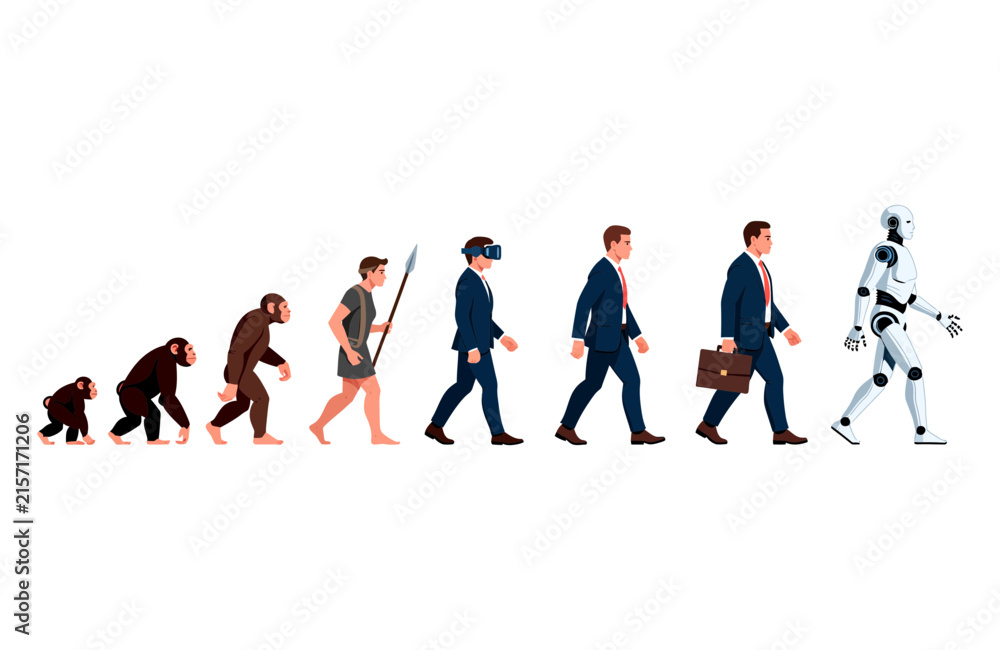 Obraz premium Human evolution stages from ape to robot vector illustration