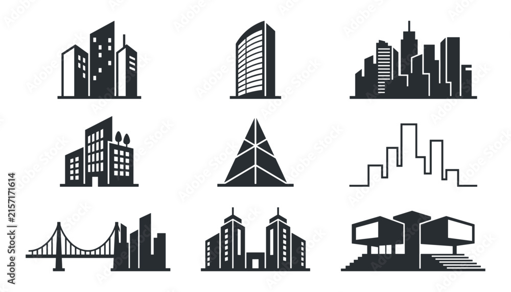 Fototapeta premium City Skyline Icons Set with Modern and Classic Buildings. Urban Architecture Vec