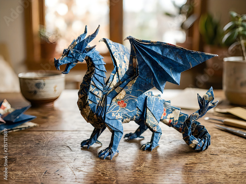 Blue dragon toy built from plastic building blocks