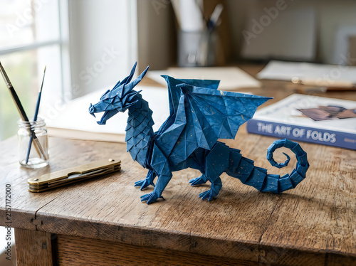 Blue dragon toy standing on a wooden desk