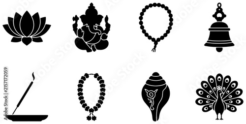 Hinduism Icons Set: Ganesha, Lotus, Bell, Peacock, Incense, Conch, Prayer Beads, Vector Graphics for Spiritual and Cultural Themes