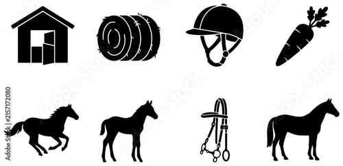 Equestrian Icons Set: Horse, Foal, Stable, Hay Bale, Helmet, Bridle, Carrot Icons for Horse Riding and Farm Life
