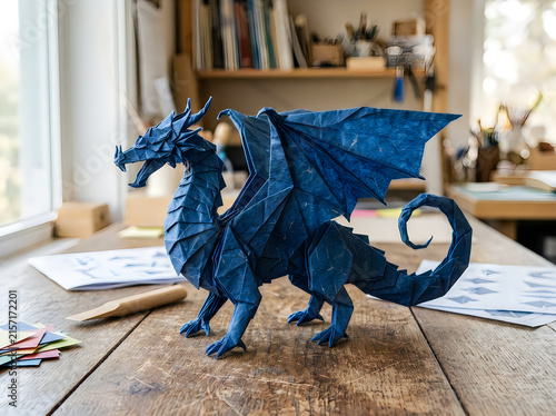 Blue dragon toy standing on a table in a bright room