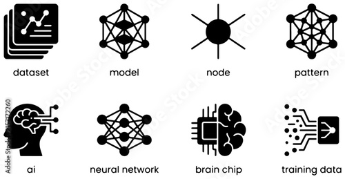 AI and Machine Learning Icons Set: Neural Network, Dataset, Brain Chip, Node, Pattern, Training Data, AI Concept, Data Science Vector Graphics