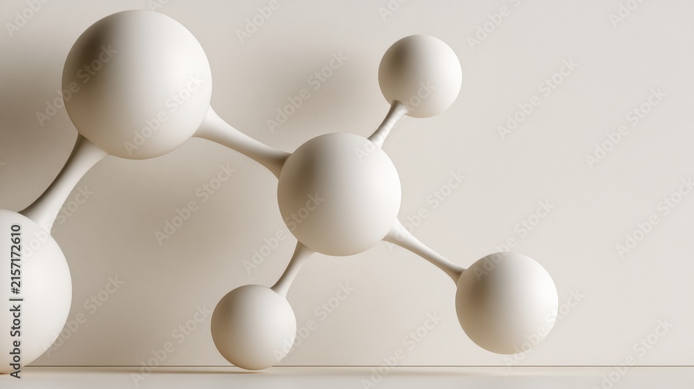 Obraz premium Minimal beige molecular structure with connected spheres for science design, card, poster, background