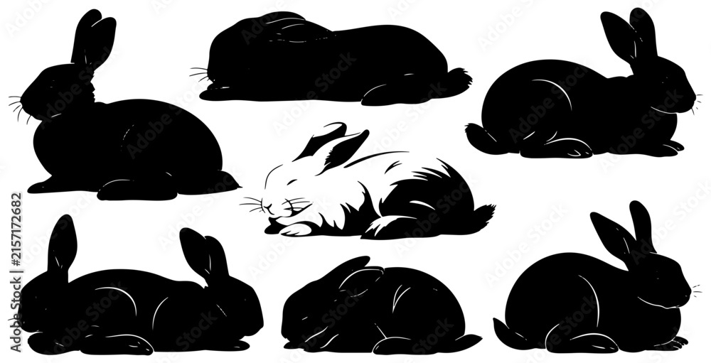 Obraz premium Diverse Rabbit Silhouettes Vector Set, Black and White Bunny Poses, Cute Hare Illustrations for Easter and Spring Designs