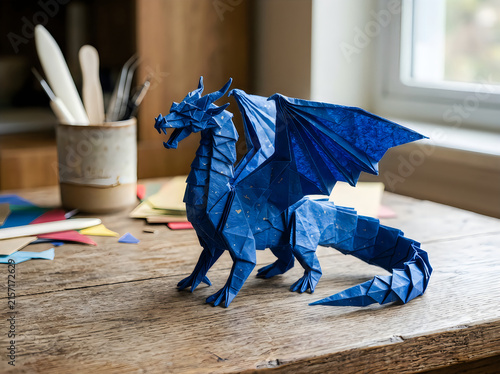 Blue origami dragon paper craft on a wooden desk