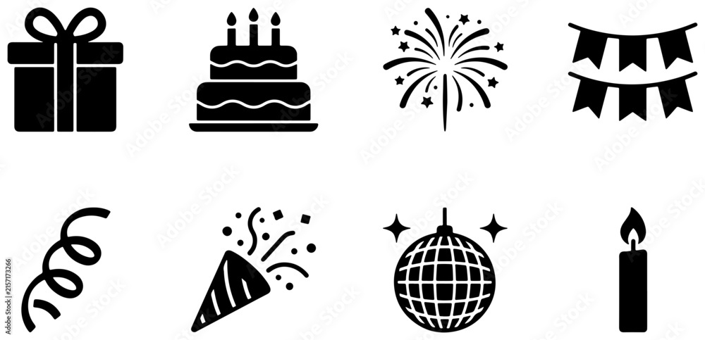 Fototapeta premium Celebration Icons Set: Birthday Cake, Gift Box, Fireworks, Party Streamers, Disco Ball, Confetti Popper, Bunting Flags, Candle