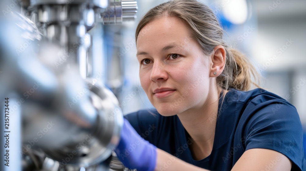 Fototapeta premium Female technician inspecting stainless equipment in laboratory for quality control industrial engineering background and research