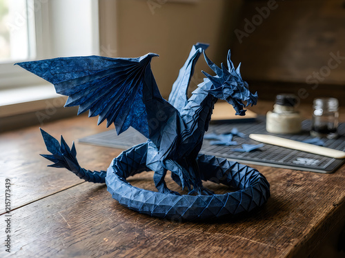 Blue origami paper dragon on a wooden table