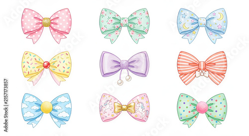 set of cute and colorful bows on white background