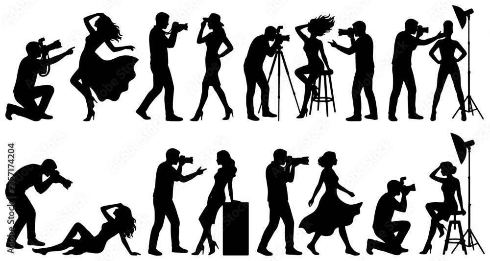 Obraz premium Silhouette Photography Icons, Camera Crew Vector Set, Professional Photographer Collection, Studio Lighting Graphics