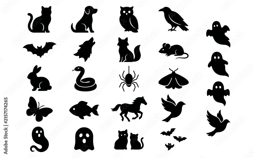 Naklejka premium Set of black silhouette icons featuring various animals and ghosts for creative halloween party decorations and designs