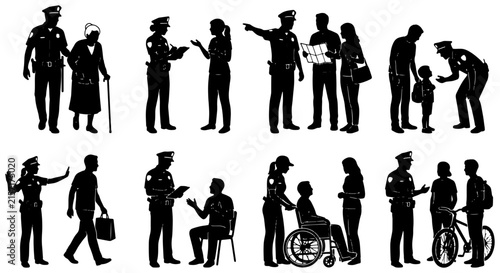Police Officer Silhouettes, Community Interaction Set: Law Enforcement, Public Service, Assistance, Security, People, Vector Icons