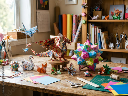 Colorful origami paper art on a wooden craft studio desk