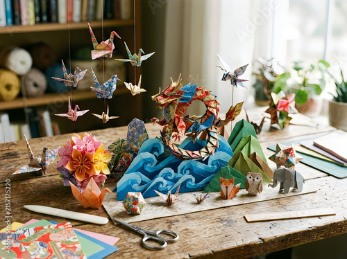 Colorful origami paper art on a wooden desk