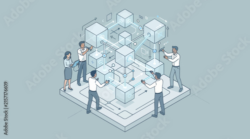 Modern of Business Team Collaborating with Abstract 3D Block Data Flow and Digital Interface Concept