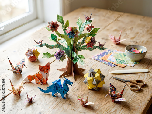 Colorful paper origami animals and tree on a wooden table