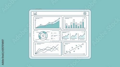 Modern Minimalist Dashboard Displaying Analytics with Line Graphs Bar Charts Pie Chart and Scatter Plot on Light Blue