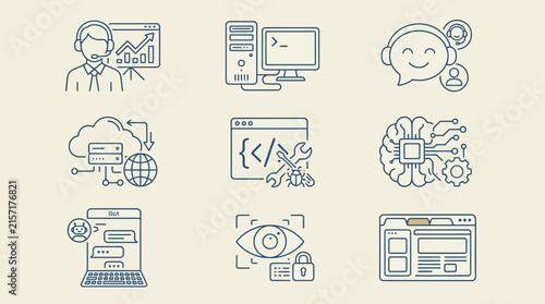 Modern Minimalist Line Art Icons Representing Key Tech AI and Digital Concepts in Blue Black Monochrome