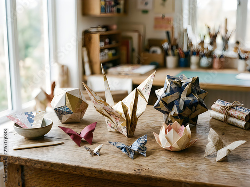 Colorful paper origami birds on a wooden desk in a studio