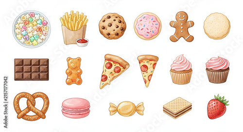 watercolor set of snacks isolated on white background