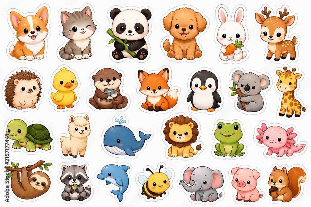 Naklejka premium Collection of cartoon animal stickers illustrations features a corgi panda fox and various other creatures
