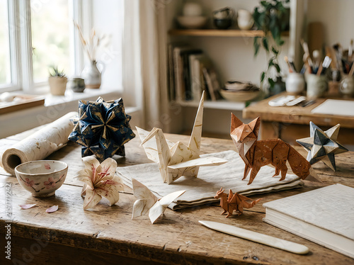 Origami paper animals on a wooden desk in a bright room