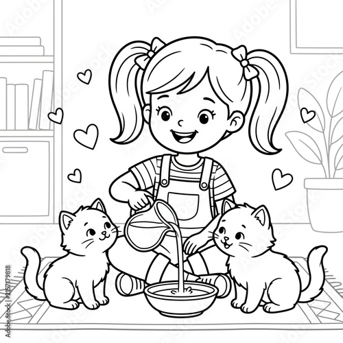 Cute girl feeding milk to two kittens, coloring page for kids vector illustration
