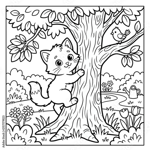 Cute kitten climbing a tree in a garden coloring page for kids vector illustration