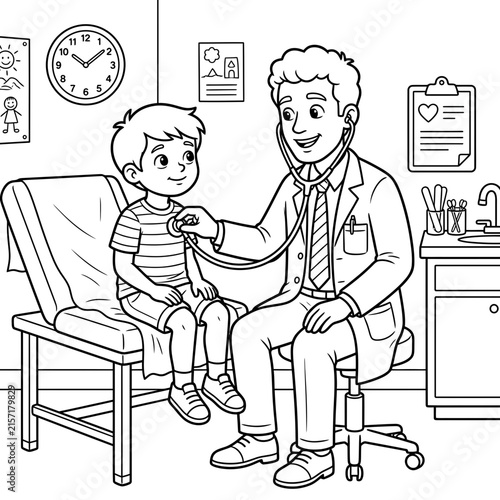 Doctor examining a young boy with a stethoscope in a pediatric clinic office line art