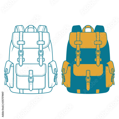 Vintage style backpack vector illustration with outline and flat color design versions.