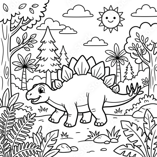 Cute Stegosaurus Dinosaur Coloring Page for Kids in a Prehistoric Jungle Landscape