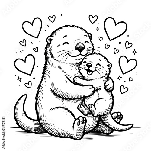 Cute Otter Mother and Baby Hugging Illustration with Hearts Line Art Vector