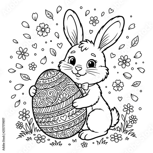 Cute Easter Bunny with Patterned Egg Coloring Page Line Art Illustration