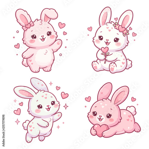 Cute Kawaii Bunny Rabbit Set with Hearts and Flowers Vector Illustration
