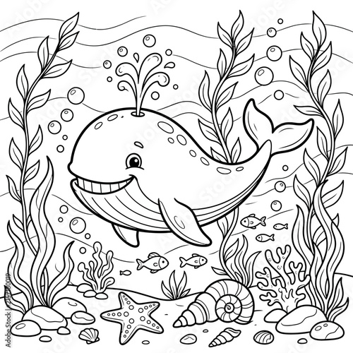 Cute whale coloring page for kids with underwater ocean scene and sea life vector art