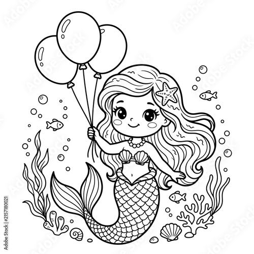 Cute Mermaid Coloring Page with Balloons and Underwater Sea Life Illustration