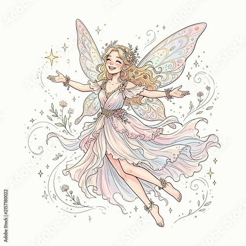 Cute fairy illustration with wings and flowers in a whimsical fantasy art style