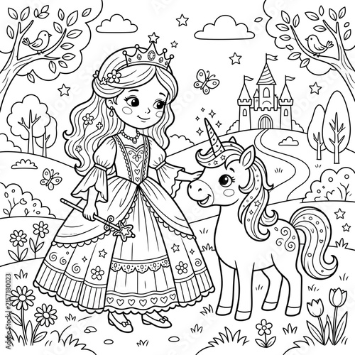 Princess and Unicorn Coloring Page for Kids with Castle and Magical Forest Background