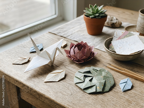 Origami paper crane and lotus flower on a wooden desk