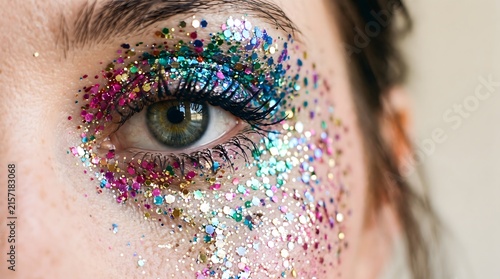 Close up of a woman's eye with colorful glitter makeup applied around it