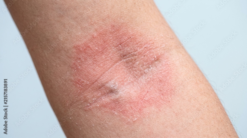Fototapeta premium Close up macro of red itchy eczema rash on inner elbow skin