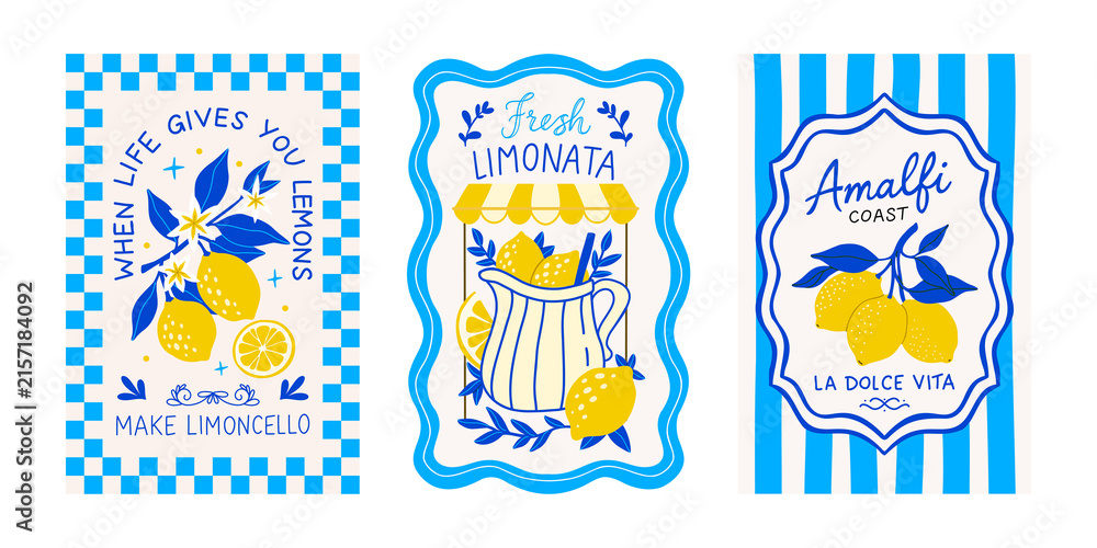 Fototapeta premium Lemon poster set Italian summer print. Amalfi coast Sicily limoncello limonata card collection. Mediterranean blue checkered yellow citrus fruit clipart