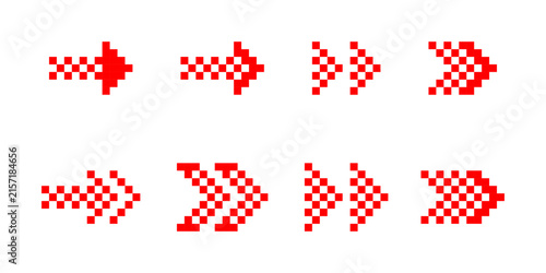 Pixel art red arrow and fast forward icon set, Pixelated arrows pointing to the right, Retro 8-Bit Direction Symbols, Vector illustration, Pixel art.