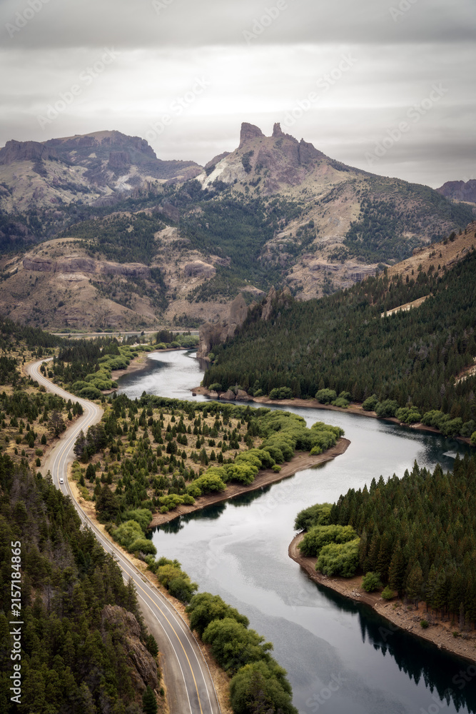 Fototapeta premium Scenic winding river and highway in Patagonia Argentina 2024