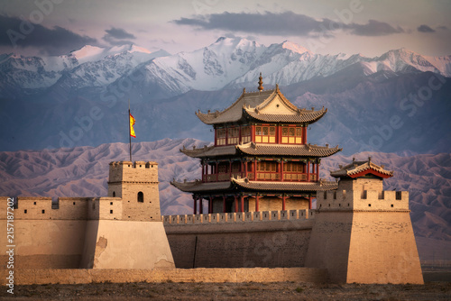 Принти на полотні Jiayuguan Pass fortress in Gansu with snow mountains, China, 2024