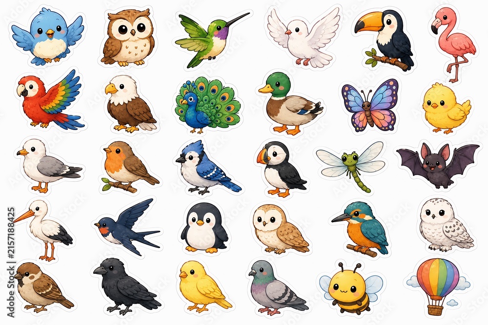 Naklejka premium Collection of colorful bird and insect illustrations with a white background digitally painted