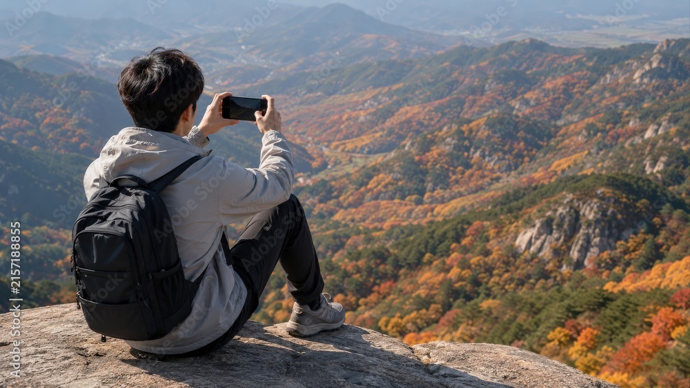 Naklejka premium Male Hiker Photographing Autumn Mountain View with Smartphone