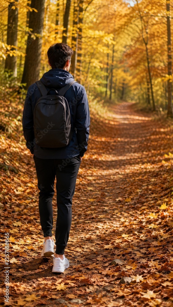 Obraz premium Male Hiker Walking Through Golden Autumn Forest Trail